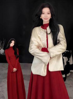 红色修身长裙子女冬季配大衣内搭巨好看御姐风新年穿搭针织连衣裙