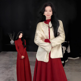 红色修身长裙子女冬季配大衣内搭巨好看御姐风新年穿搭针织连衣裙