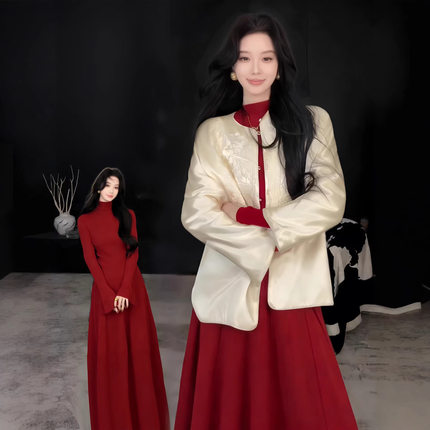 红色修身长裙子女冬季配大衣内搭巨好看御姐风新年穿搭针织连衣裙