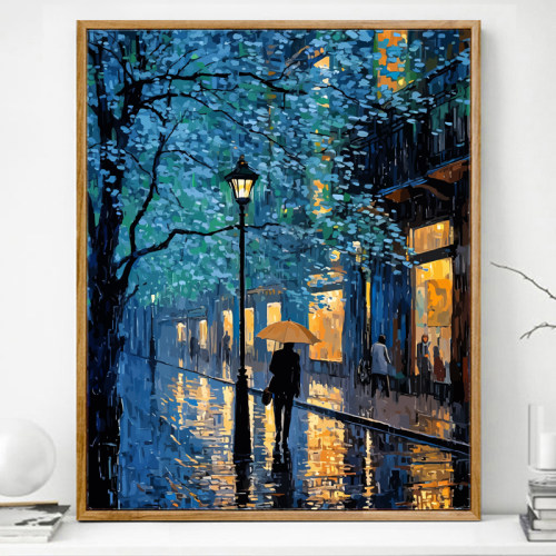 巴黎雨季的夜晚数字油画diy填充画画填色油彩画2024新款手工涂色