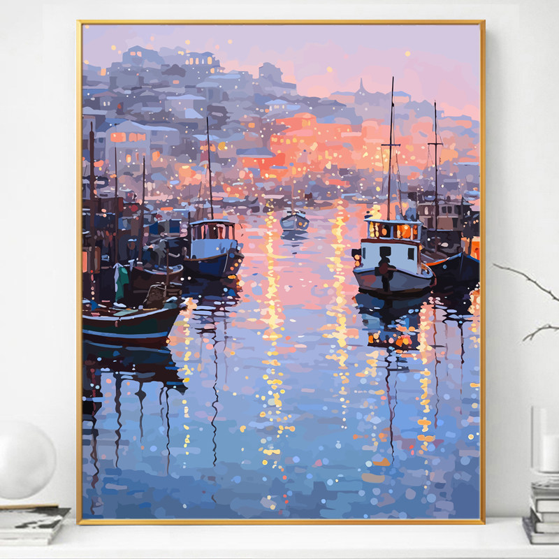 落日海岸游轮画画diy数字油画填充填色2024新款手绘油彩手工涂色