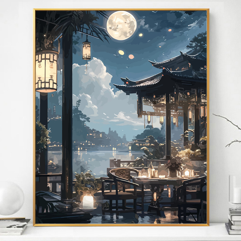 月满西楼中国风古风画画diy数字油画填充填色丙烯手工手绘油彩画