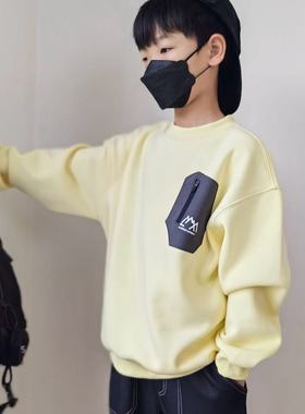蛋黄色 ins风儿童卫衣冬款男女中大童一体绒保暖圆领休闲内搭上衣