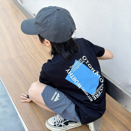 蓝色点缀男童短袖 26ss夏款男女中大童学生洋气百搭全棉透气休闲T