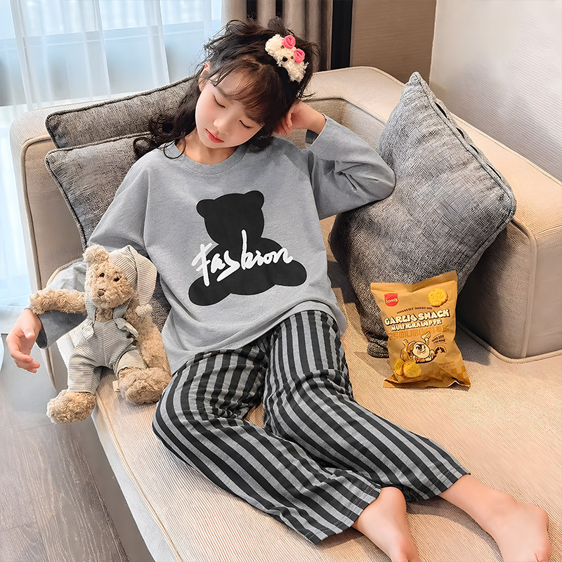 春秋季洋气暴力熊长袖儿童睡衣套装女孩中大童少女纯棉圆领家居服