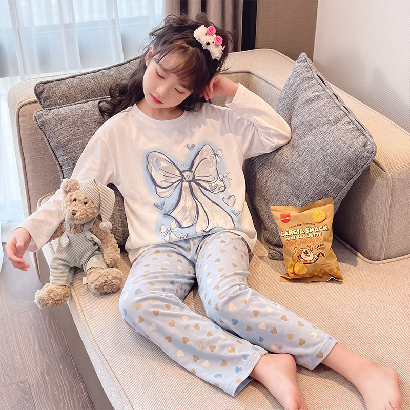 春秋季洋气蝴蝶结长袖儿童睡衣套装女孩中大童少女纯棉圆领家居服