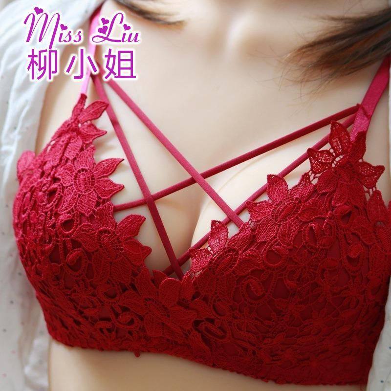 性感红色文胸大码薄款蕾丝聚拢无痕无钢圈少女学生胸罩内衣女