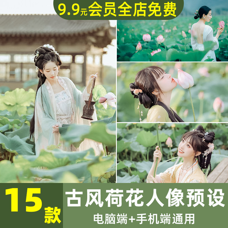 LR预设荷花古风人像手机APP调色PS冷调青灰汉服古装写真PR滤镜LUT