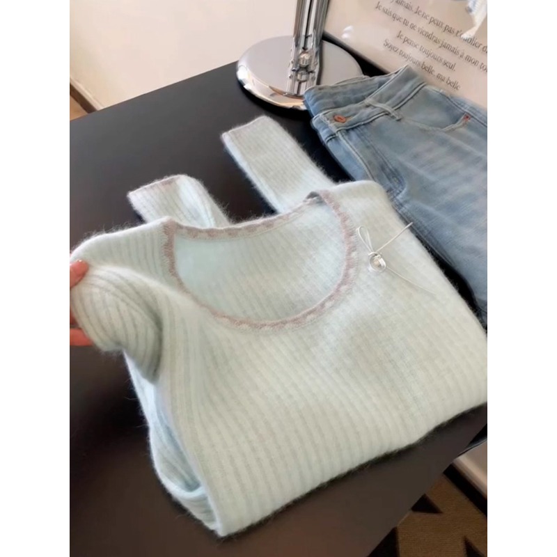 奶fufu软糯奶蓝色花边针织衫女春秋季韩系温柔内搭毛衣打底衫上衣