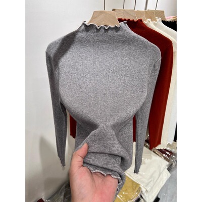 法式木耳边半高领灰色针织长袖套头上衣女2026秋冬新款修身打底衫