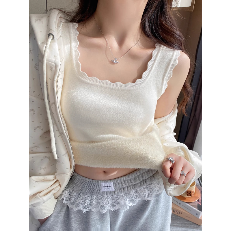 冬季加绒打底衫背心女2025新款内搭加厚保暖吊带法式方领针织上衣