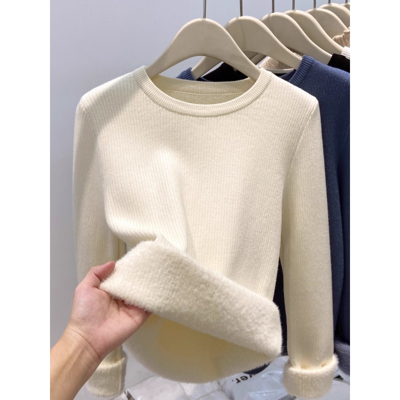 韩版肌理感针织衫保暖一体绒毛衣女2025秋冬加绒加厚内搭打底上衣