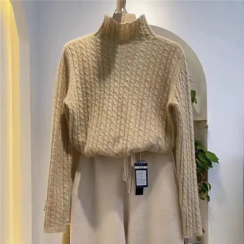 半高领羊绒衫女秋冬高级感套头修身金丝麻花针织小众打底羊毛上衣