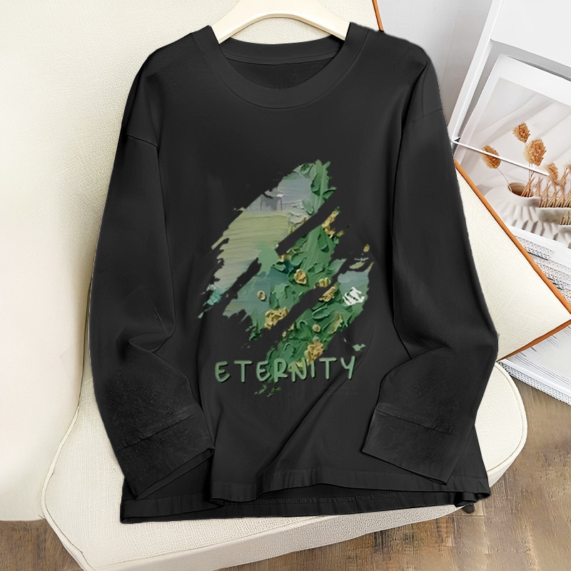 女生春季新款涂鸦T恤黑色百搭休闲上衣潮流时尚纯棉打底衫无帽长T