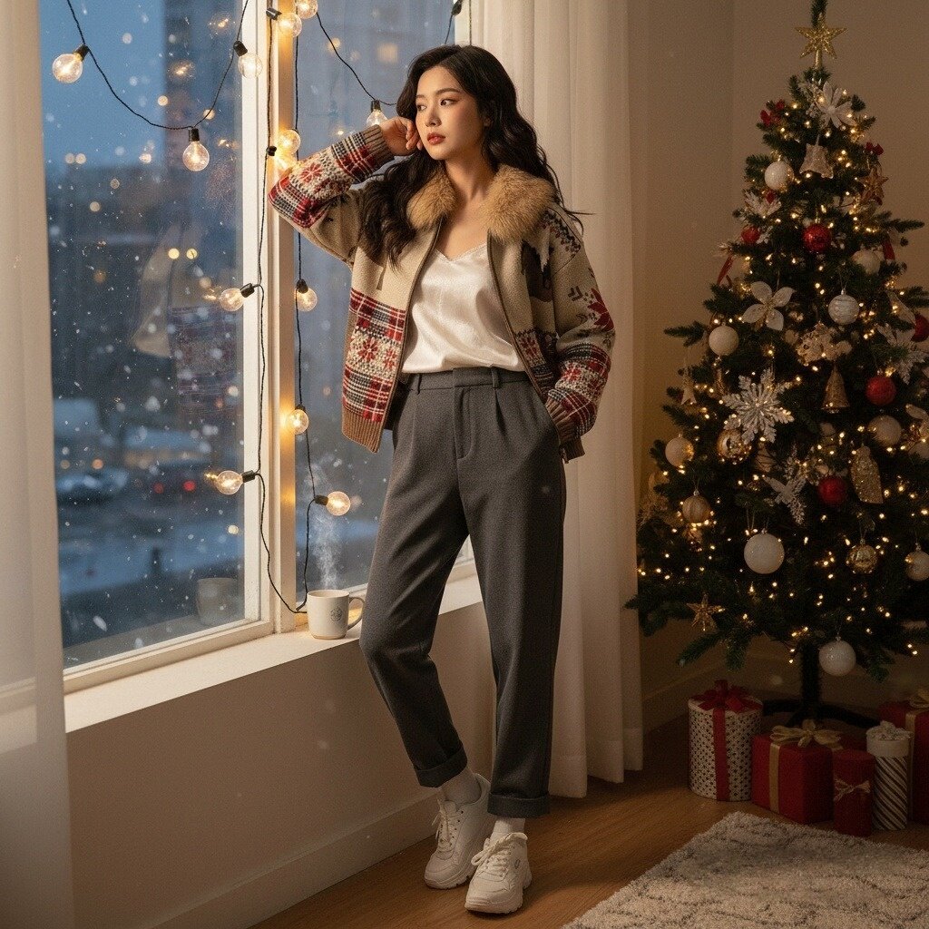 ALWOOLS 2025秋冬新品复古费尔岛小马提花毛领加厚针织毛衣外套女