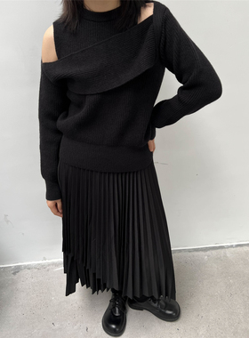 Luciferous 小众设计师解构感不规则圆领套头毛衣镂空针织衫上衣