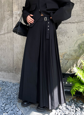 Luciferous 原创设计黑色长款拖地A字裙百褶拼接马面裙高腰半身裙