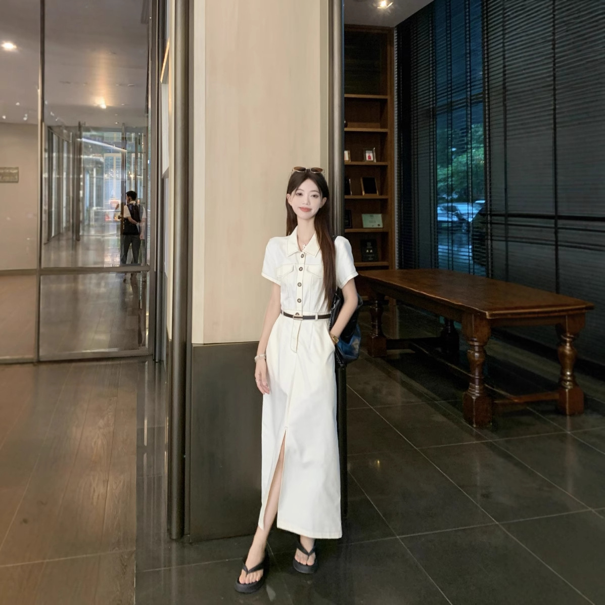 复古法式polo领短袖连衣裙女2025夏季新款小众设计感收腰开叉