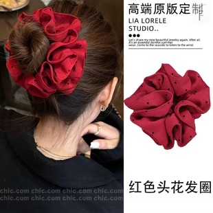 2025新年大红色波点头花发圈女高级感过年韩系丸子头大肠圈头饰