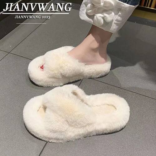 厚底交叉带毛毛拖鞋女秋