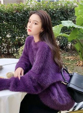 2025年冬季慵懒风紫色毛绒毛衣女加厚中长款圆领套头针织衫高级感