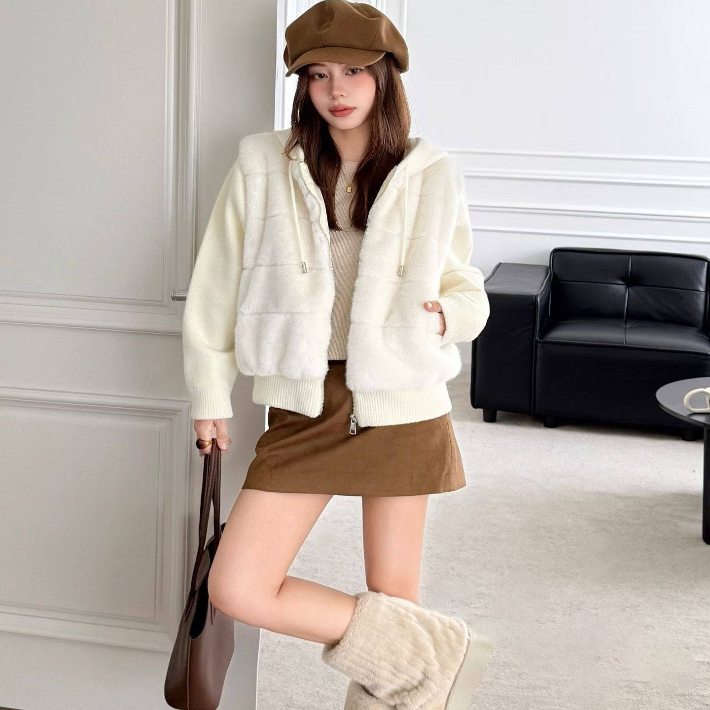 韩系针织拼接仿貂绒连帽开衫女2025冬季加厚保暖百搭外套短款高级,女装/女士精品,毛针织衫,淘宝优惠券,粉丝福利购,淘宝优惠卷