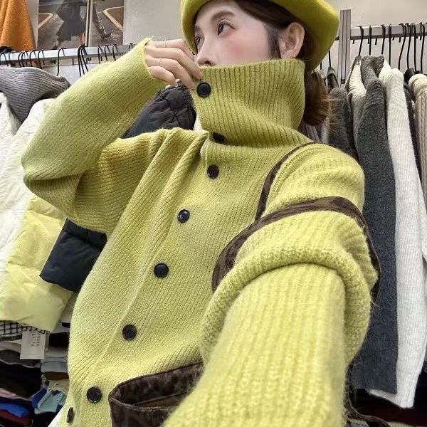 韩系多纽扣针织开衫女两穿领