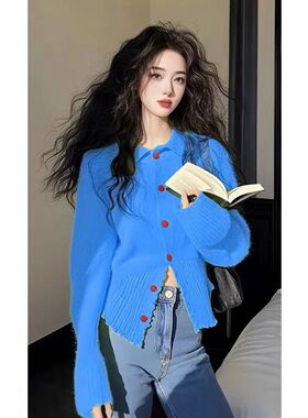 2025秋冬新款多巴胺风翻领纽扣针织开衫女百搭减龄毛衣外套甜美