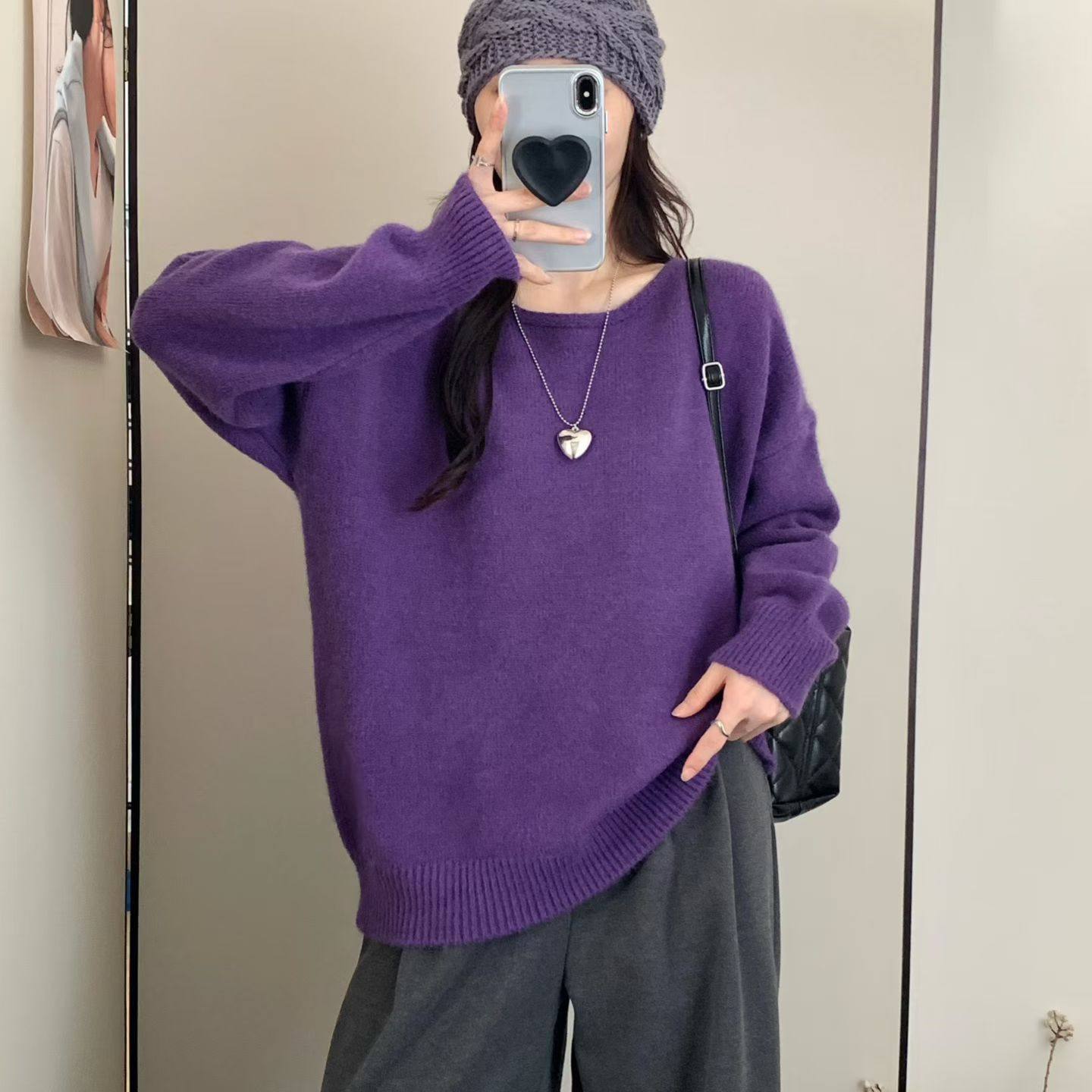 新款慵懒风紫色圆领套头毛衣