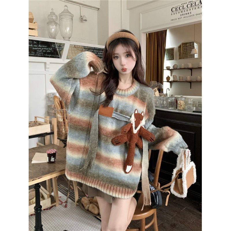 慵懒风撞色渐变条纹套头毛衣女