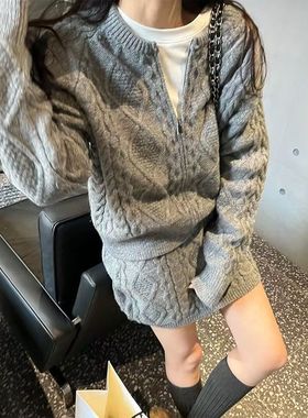 韩系慵懒风麻花针织毛衣女拉链开衫灰色三件套2025新款高级感软糯