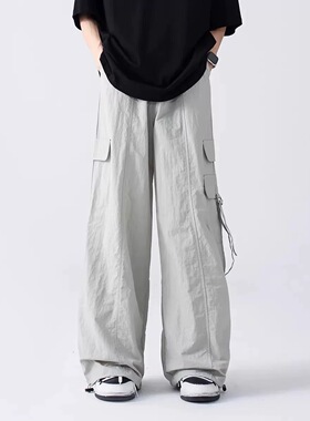 美式复古多口袋透气宽松工装裤男女街头速干抽绳阔腿大口袋裤子潮