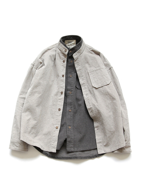 2024春秋原创日系男装立领纯色修身灯芯绒休闲衬衫韩版青年衬衣潮