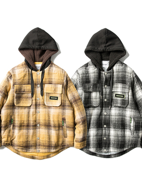 美式潮牌复古格子拼接连帽棉衣男嘻哈宽松百搭毛巾绣植绒加棉夹克