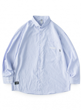 2024春秋装净色复古港风衬衫宽松bf情侣韩版chic长袖条纹衬衣潮男