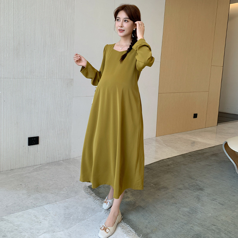 孕妇连衣裙V领雪纺长袖秋季百搭长系带设计孕妇裙中长款孕妇装