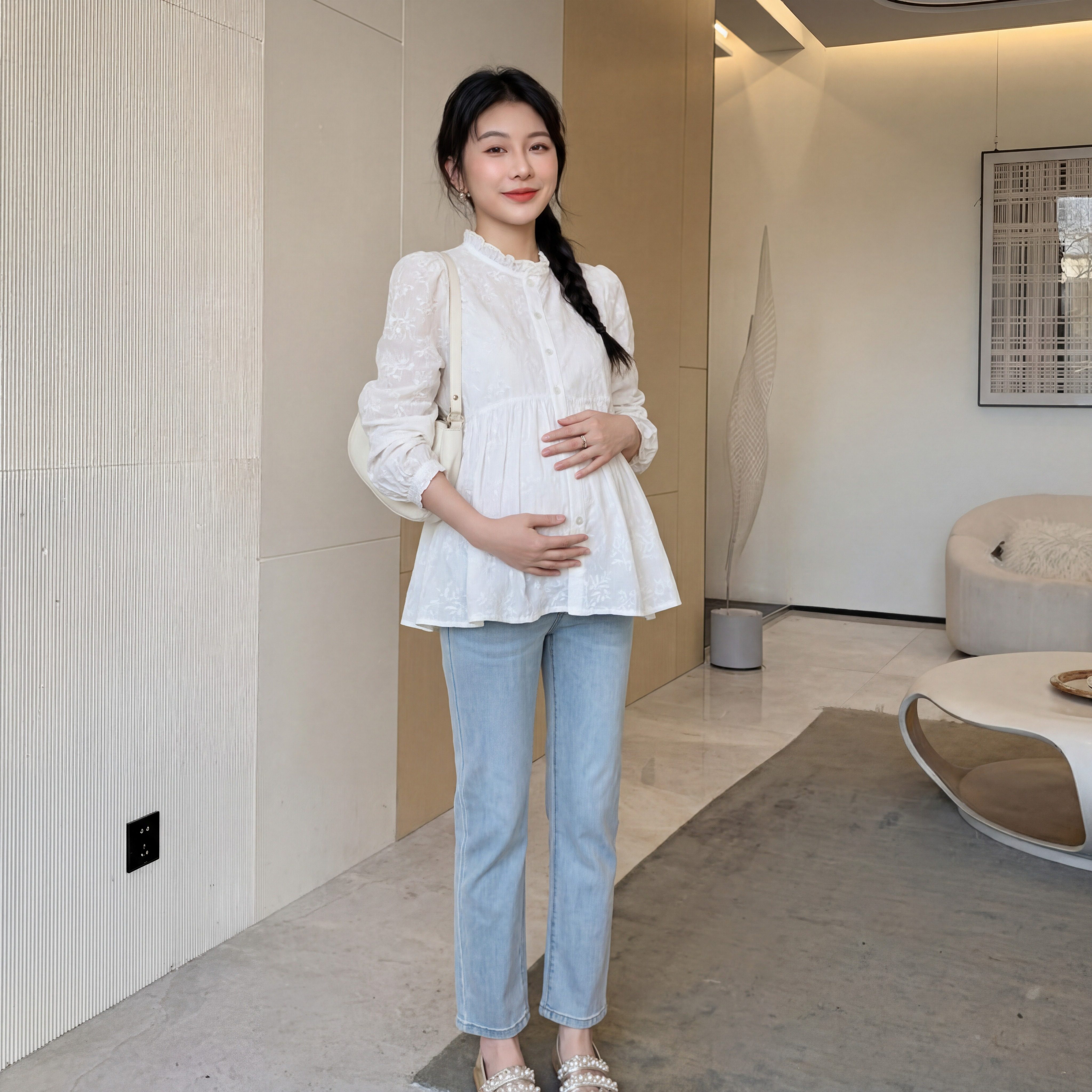 孕妇装法式提花上衣牛仔托腹裤套装春夏新款长袖木耳边小立领套装