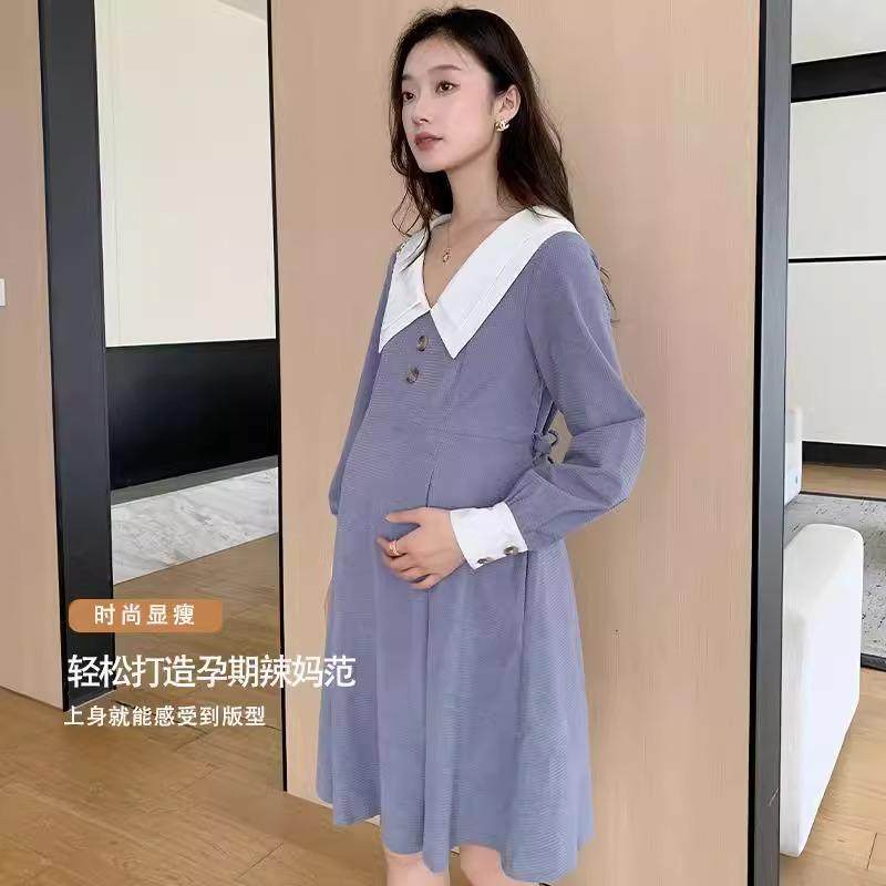 孕妇连衣裙春秋装洋气百搭华夫格小个子孕妇裙打底裙