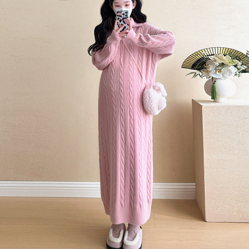 孕妇装连衣裙2026春秋新款复古慵懒麻花毛衣裙高领拉链翻领孕妇裙
