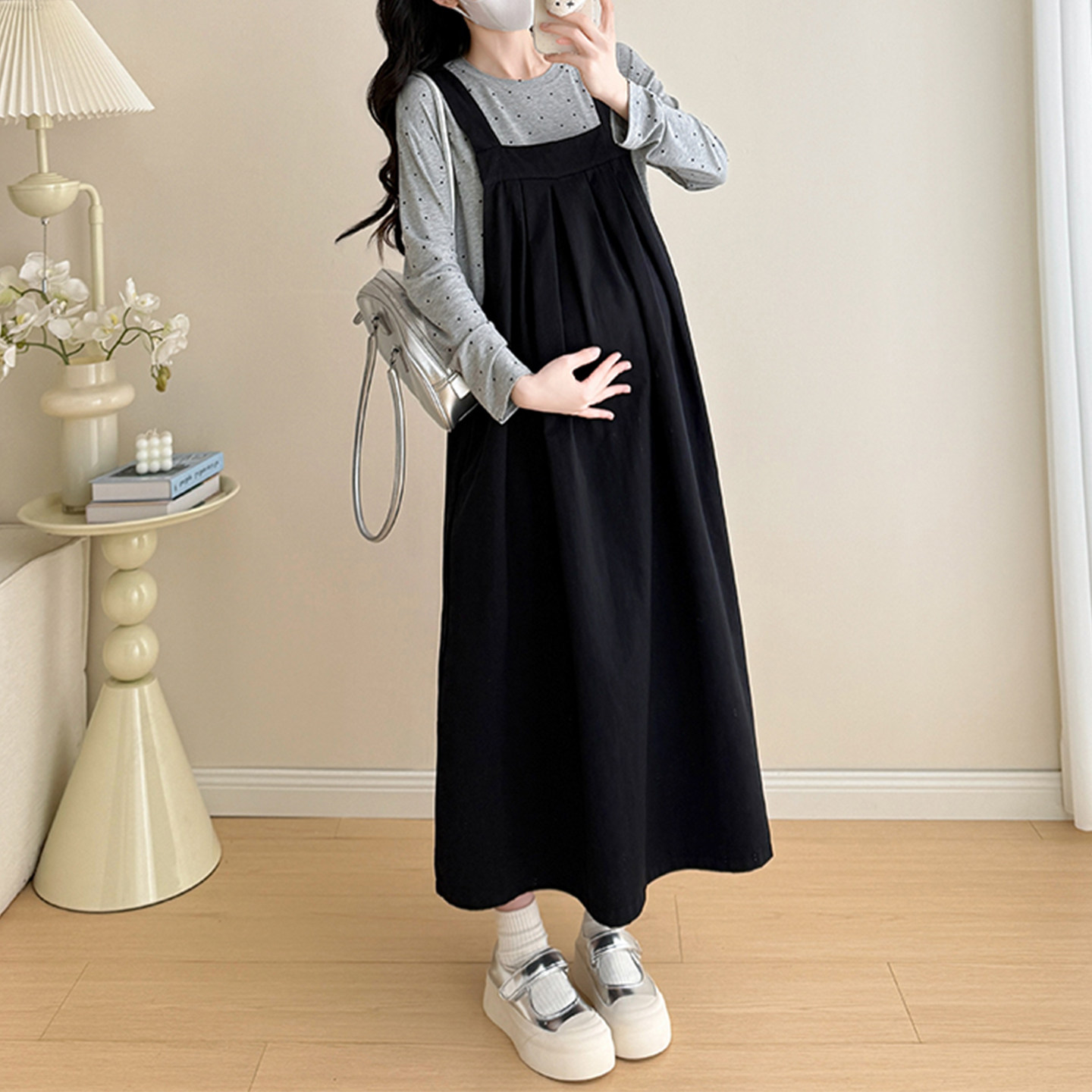 孕妇装背带裙套装春秋新款时尚显瘦吊带裙+清新小波点内搭两件套