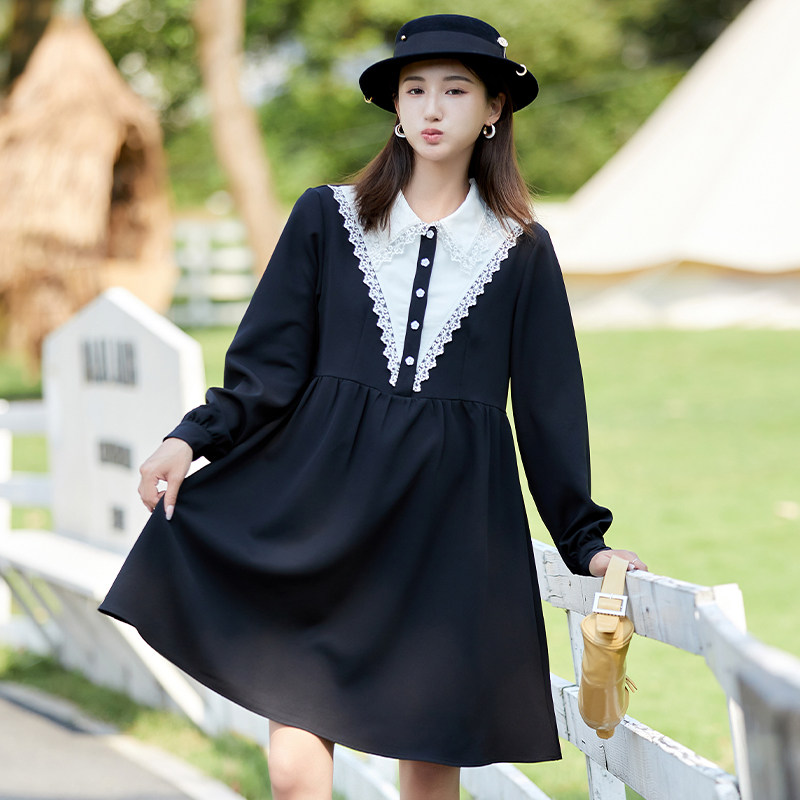 孕妇装春秋长袖时尚娃娃领条纹宽松怀孕期中长款衬衫裙孕妇裙