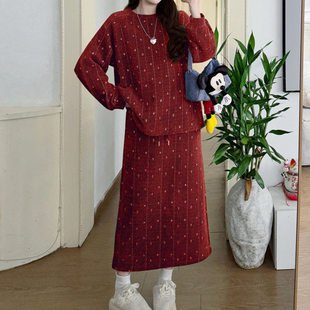 冬季 抽绳腰气质半身裙潮妈套装 新款 条纹上衣 宽松加厚韩版 孕妇装