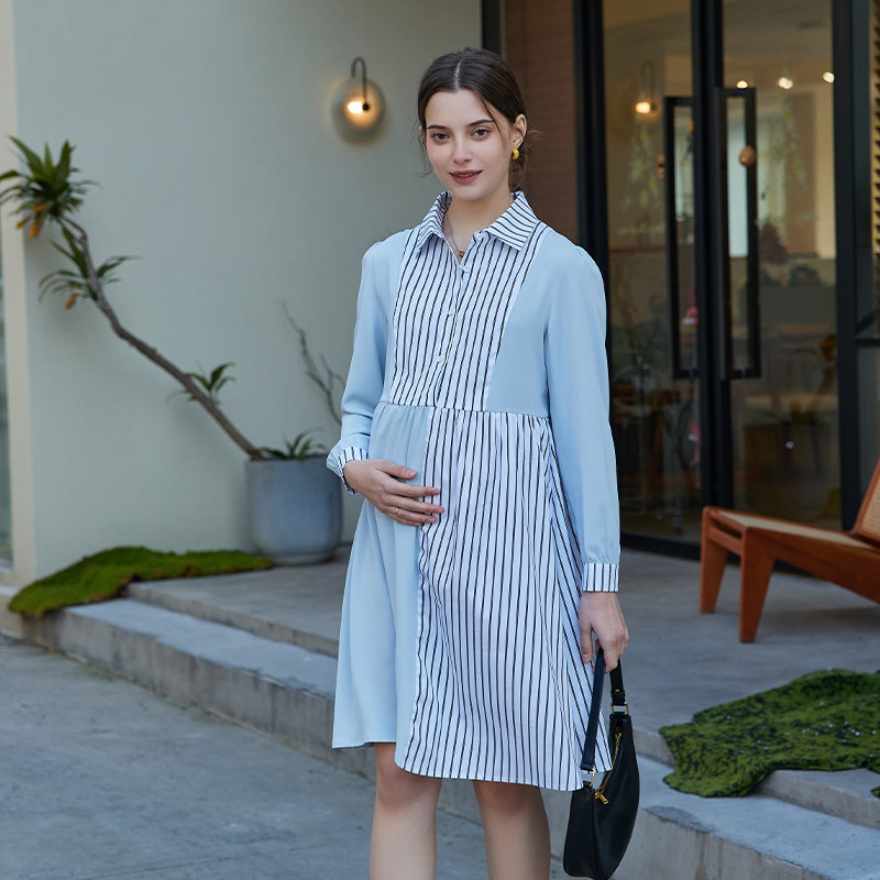 孕妇连衣裙轻奢高级感2026春秋新款翻领条纹拼接时尚显瘦衬衫裙