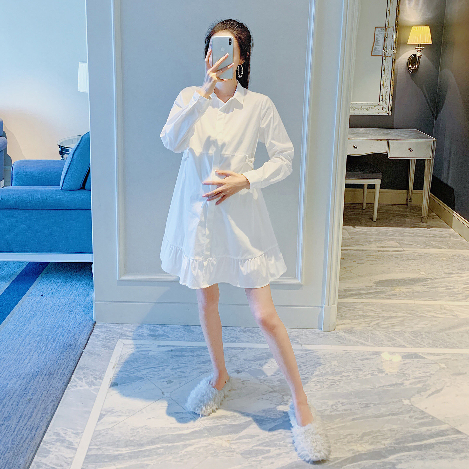 孕妇装春装新款孕妇连衣裙夏装时髦衬衫鱼尾裙春秋孕妇裙子夏天