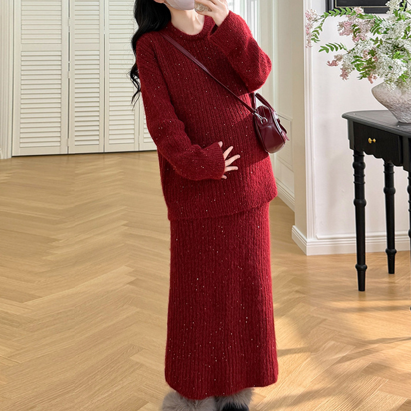 孕妇套装细闪毛衣+针织半裙