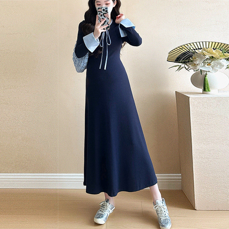 孕妇装秋装长袖大码拼色春秋季时尚拼接过膝宽松孕妇连衣裙中长款