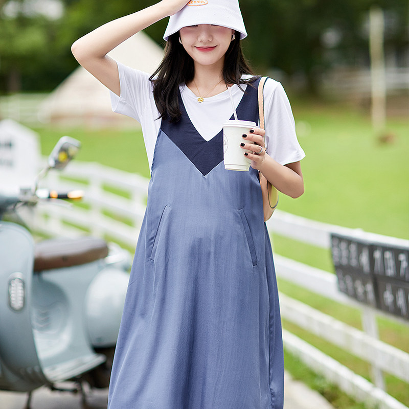 孕妇套装气质夏季背带裙+T恤打底上衣两件套孕妇裙