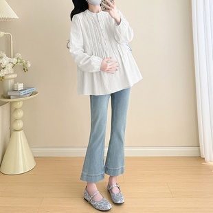 孕妇装伞形衬衫春秋新款提花百褶法式宽松百搭长袖衬衫小清新上衣
