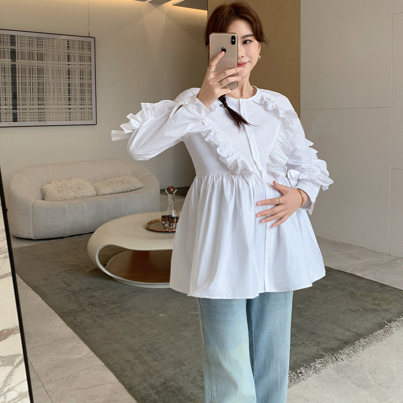 孕妇衬衫秋季上衣外套时尚百搭腹围宽松春秋款孕妇装长袖打底衣