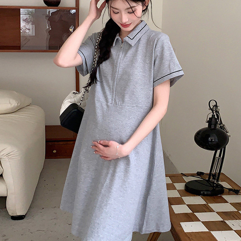孕妇装夏季POLO领半拉链短袖裙子